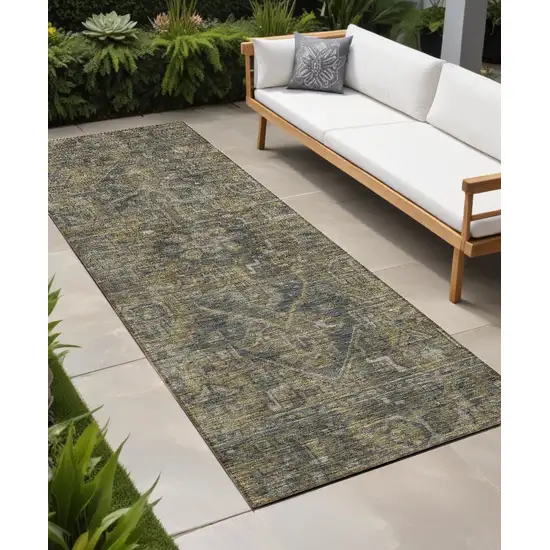 8' Runner Dark Moss Green and Gray Oriental Washable Non Skid Indoor Outdoor Runner Rug Photo 1