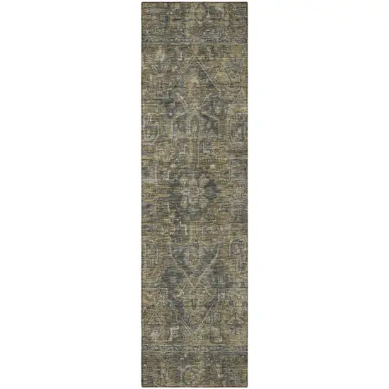 8' Runner Dark Moss Green and Gray Oriental Washable Non Skid Indoor Outdoor Runner Rug Photo 4