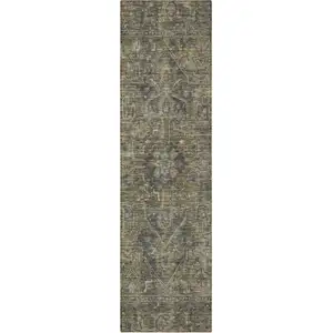 Photo of 8' Runner Dark Moss Green and Gray Oriental Washable Non Skid Indoor Outdoor Runner Rug