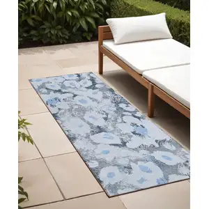 Photo of 8' Runner Denim Blue Floral Washable Non Skid Indoor Outdoor Runner Rug