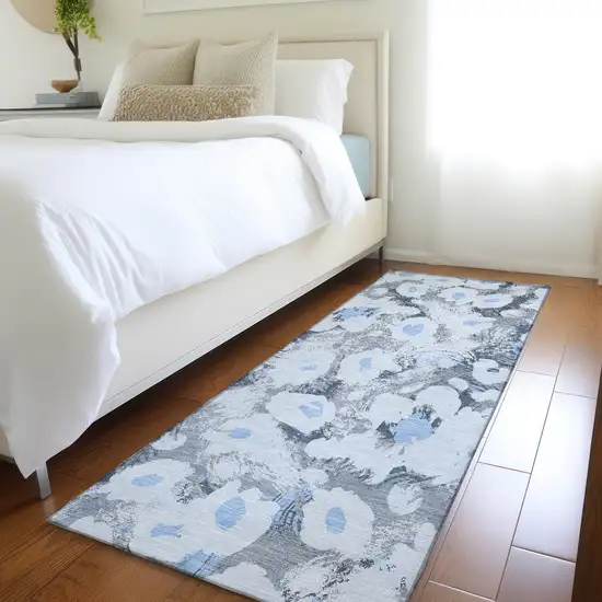 8' Runner Denim Blue Floral Washable Non Skid Indoor Outdoor Runner Rug Photo 9