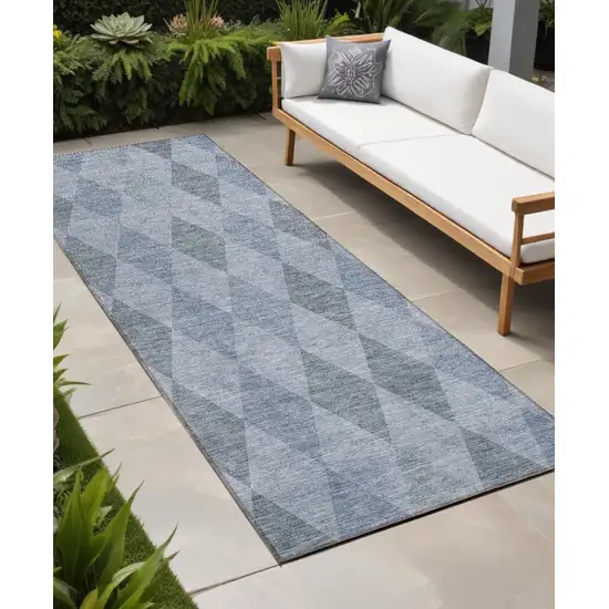 8' Runner Denim Blue Geometric Washable Non Skid Indoor Outdoor Runner Rug Photo 1