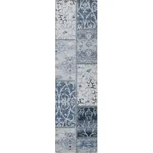 Photo of 8' Runner Denim Blue Patchwork Washable Non Skid Indoor Outdoor Runner Rug