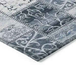 Photo of 8' Runner Denim Blue Patchwork Washable Non Skid Indoor Outdoor Runner Rug