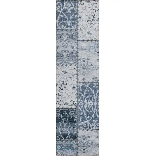 8' Runner Denim Blue Patchwork Washable Non Skid Indoor Outdoor Runner Rug Photo 2