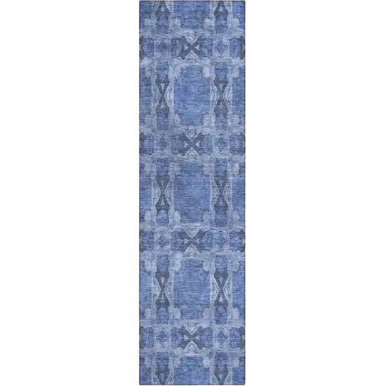 8' Runner Denim Blue and Gray Floral Medallion Washable Non Skid Indoor Outdoor Runner Rug Photo 2