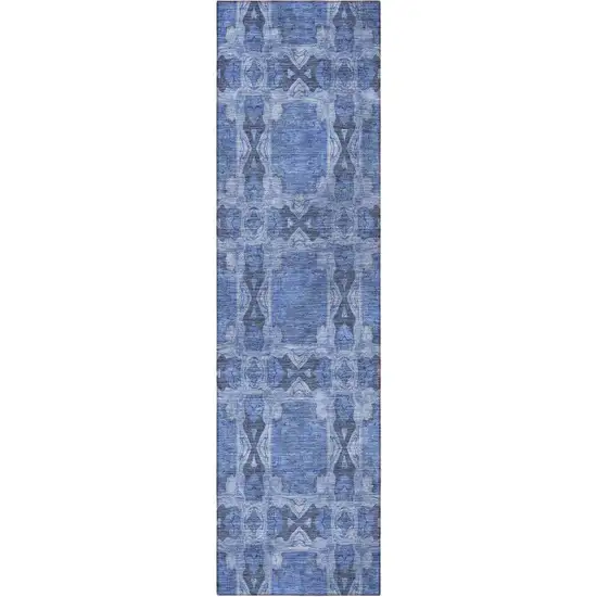 8' Runner Denim Blue and Gray Floral Medallion Washable Non Skid Indoor Outdoor Runner Rug Photo 4