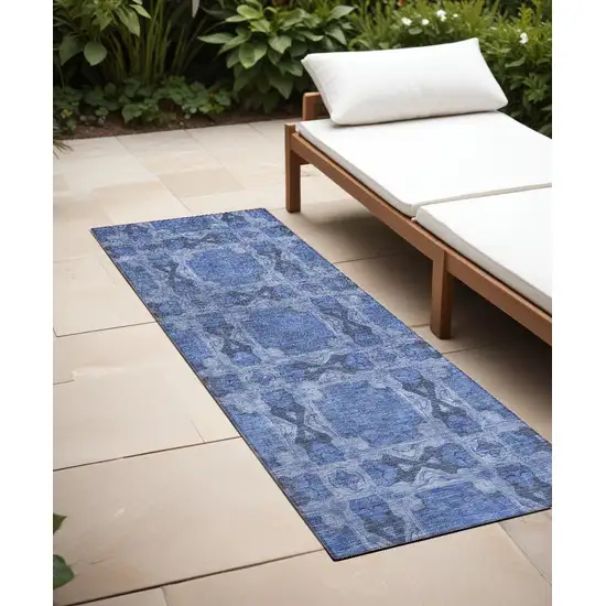 8' Runner Denim Blue and Gray Floral Medallion Washable Non Skid Indoor Outdoor Runner Rug Photo 1