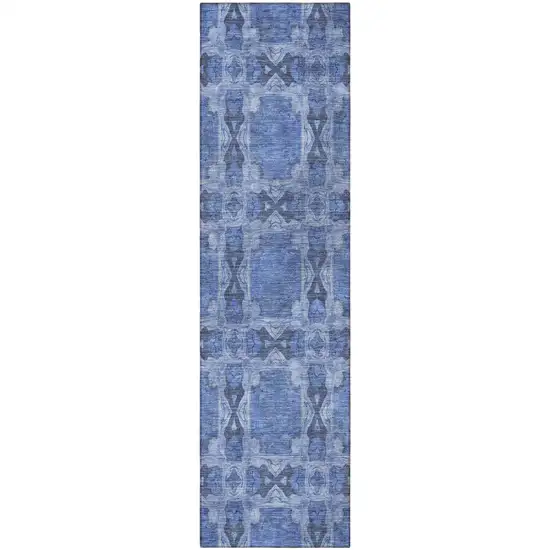 Denim Blue and Gray Floral Medallion Washable Non Skid Indoor Outdoor Runner Rug Photo 5