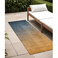 Photo of 8' Runner Denim and Gold Ombre Washable Non Skid Indoor Outdoor Runner Rug