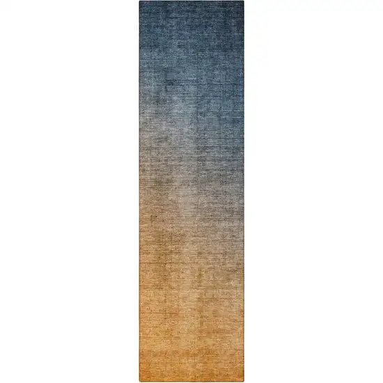 8' Runner Denim and Gold Ombre Washable Non Skid Indoor Outdoor Runner Rug Photo 4