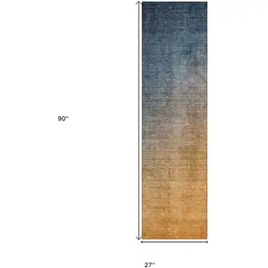 Photo of 8' Runner Denim and Gold Ombre Washable Non Skid Indoor Outdoor Runner Rug