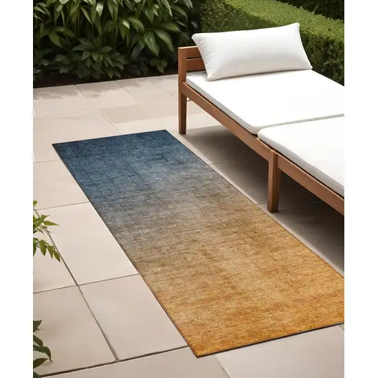 8' Runner Denim and Gold Ombre Washable Non Skid Indoor Outdoor Runner Rug Photo 1