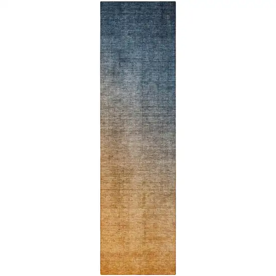 8' Runner Denim and Gold Ombre Washable Non Skid Indoor Outdoor Runner Rug Photo 5