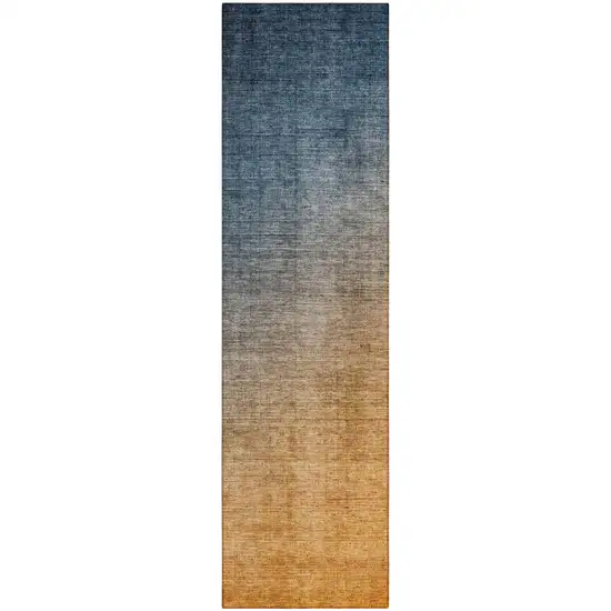 8' Runner Denim and Gold Ombre Washable Non Skid Indoor Outdoor Runner Rug Photo 2