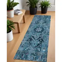 Photo of 8' Runner Denim and Gray Oriental Washable Non Skid Indoor Outdoor Runner Rug