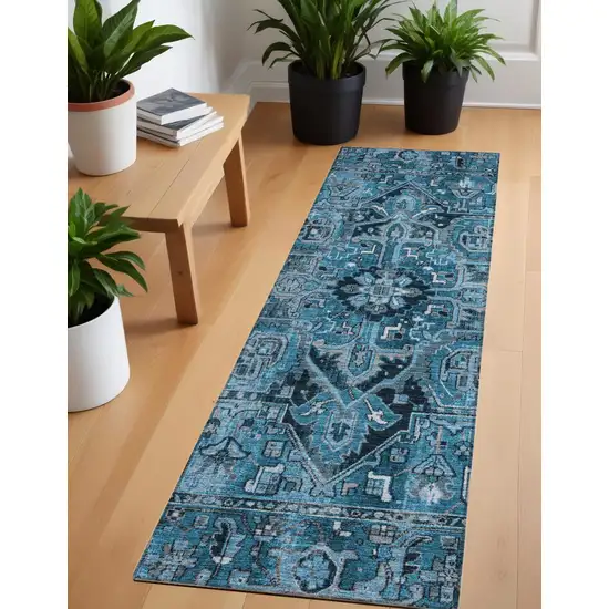 8' Runner Denim and Gray Oriental Washable Non Skid Indoor Outdoor Runner Rug Photo 1