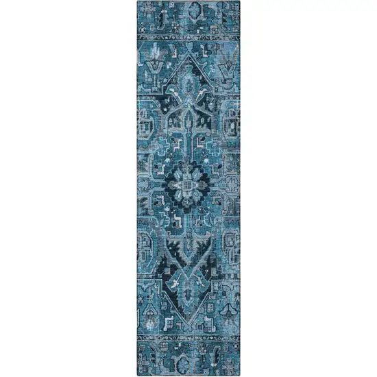 8' Runner Denim and Gray Oriental Washable Non Skid Indoor Outdoor Runner Rug Photo 5