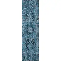 Photo of 8' Runner Denim and Gray Oriental Washable Non Skid Indoor Outdoor Runner Rug