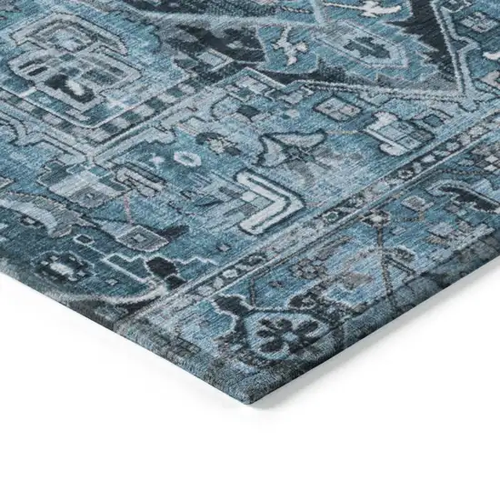 8' Runner Denim and Gray Oriental Washable Non Skid Indoor Outdoor Runner Rug Photo 7