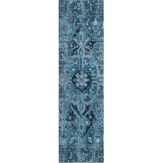 8' Runner Denim and Gray Oriental Washable Non Skid Indoor Outdoor Runner Rug Photo 2