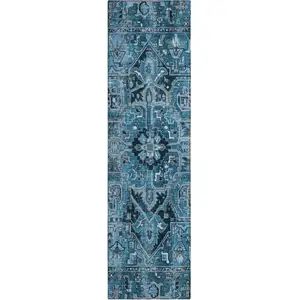 Photo of 8' Runner Denim and Gray Oriental Washable Non Skid Indoor Outdoor Runner Rug