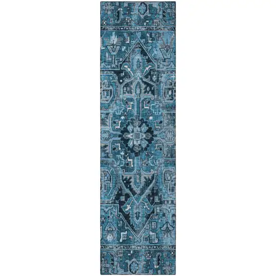 Denim and Gray Oriental Washable Non Skid Indoor Outdoor Runner Rug Photo 4