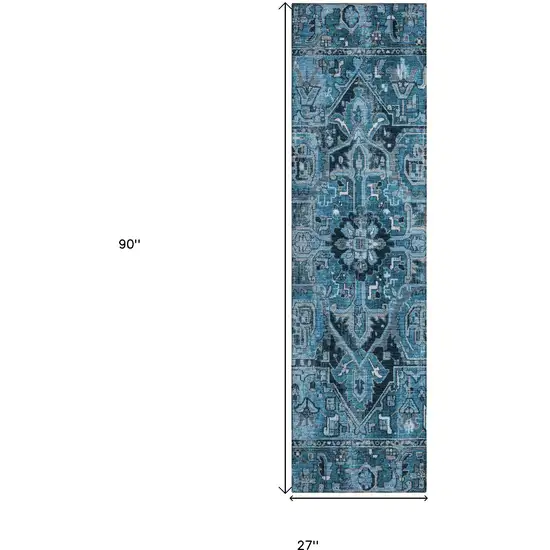 8' Runner Denim and Gray Oriental Washable Non Skid Indoor Outdoor Runner Rug Photo 3