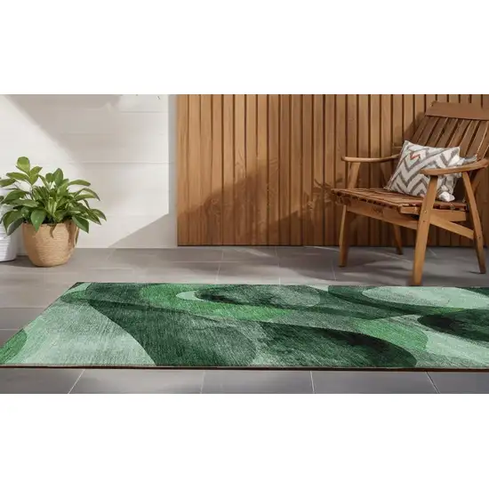 Fern Green Abstract Washable Non Skid Indoor Outdoor Runner Rug Photo 1