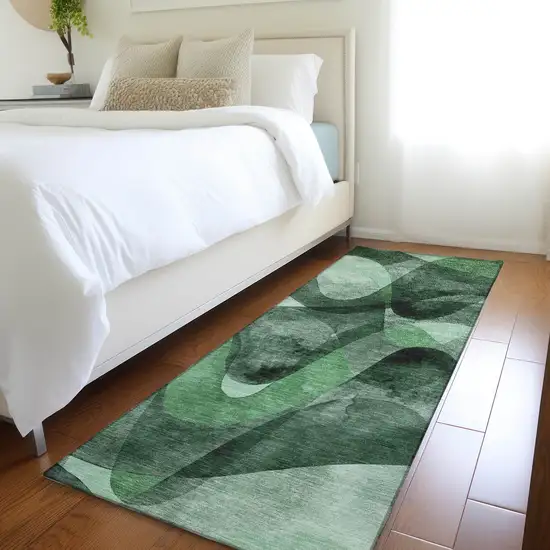 8' Runner Fern Green Abstract Washable Non Skid Indoor Outdoor Runner Rug Photo 9