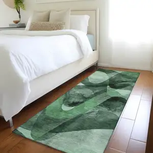 Photo of 8' Runner Fern Green Abstract Washable Non Skid Indoor Outdoor Runner Rug