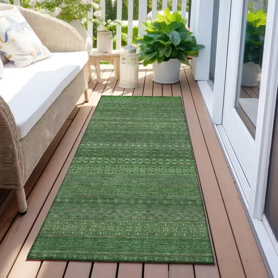 8' Runner Fern Green Striped Washable Non Skid Indoor Outdoor Runner Rug Photo 6