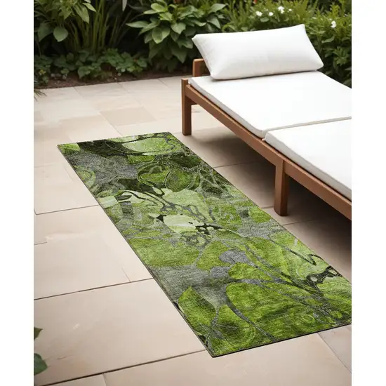 8' Runner Fern Green and Gray Floral Washable Non Skid Indoor Outdoor Runner Rug Photo 1