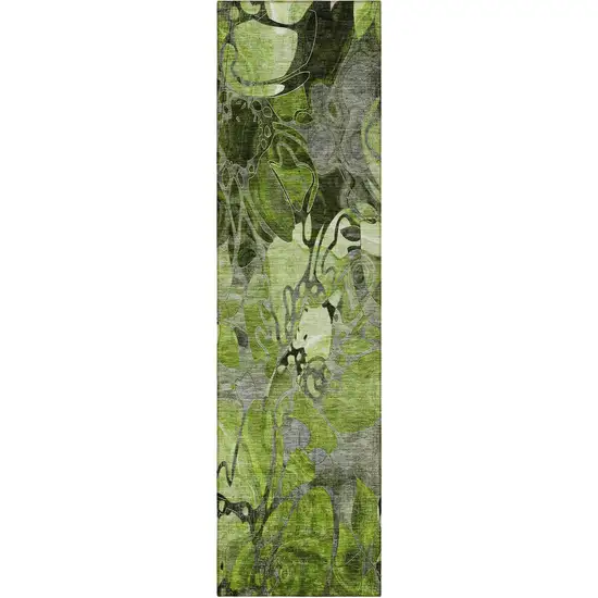 8' Runner Fern Green and Gray Floral Washable Non Skid Indoor Outdoor Runner Rug Photo 5