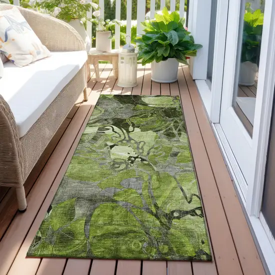 8' Runner Fern Green and Gray Floral Washable Non Skid Indoor Outdoor Runner Rug Photo 8