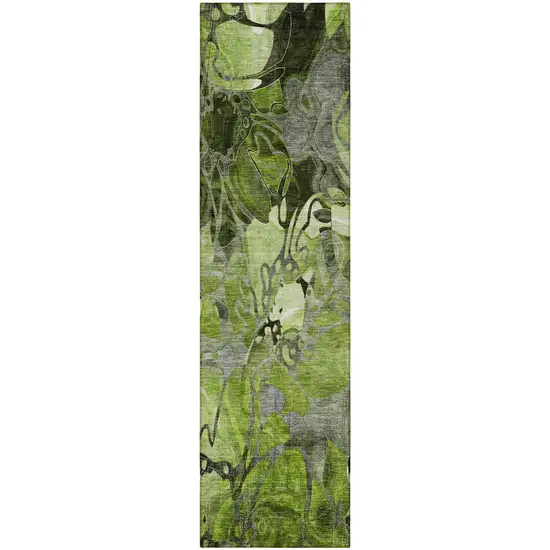 Fern Green and Gray Floral Washable Non Skid Indoor Outdoor Runner Rug Photo 4