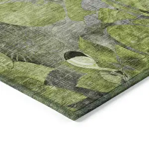 Photo of 8' Runner Fern Green and Gray Floral Washable Non Skid Indoor Outdoor Runner Rug