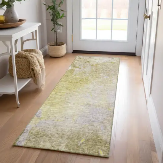 8' Runner Gold Beige and Purple Abstract Washable Non Skid Indoor Outdoor Runner Rug Photo 9