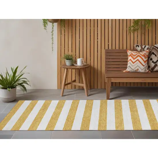 8' Runner Gold Striped Washable Non Skid Indoor Outdoor Runner Rug Photo 1