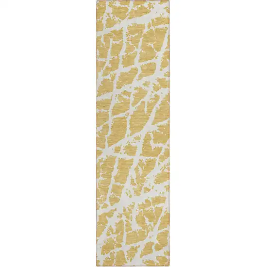 8' Runner Gold and White Abstract Washable Non Skid Indoor Outdoor Runner Rug Photo 2