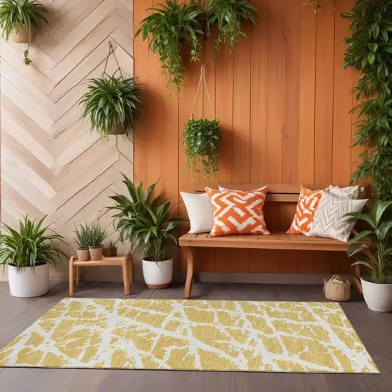 8' Runner Gold and White Abstract Washable Non Skid Indoor Outdoor Runner Rug Photo 1