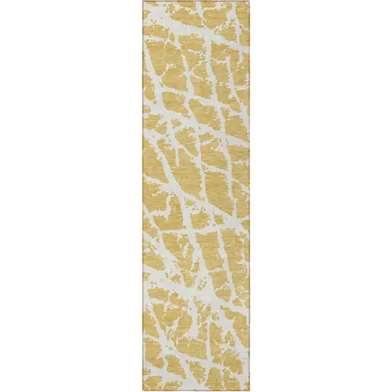 8' Runner Gold and White Abstract Washable Non Skid Indoor Outdoor Runner Rug Photo 5