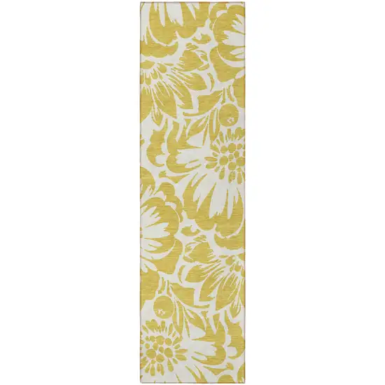 Gold and White Floral Washable Non Skid Indoor Outdoor Runner Rug Photo 5