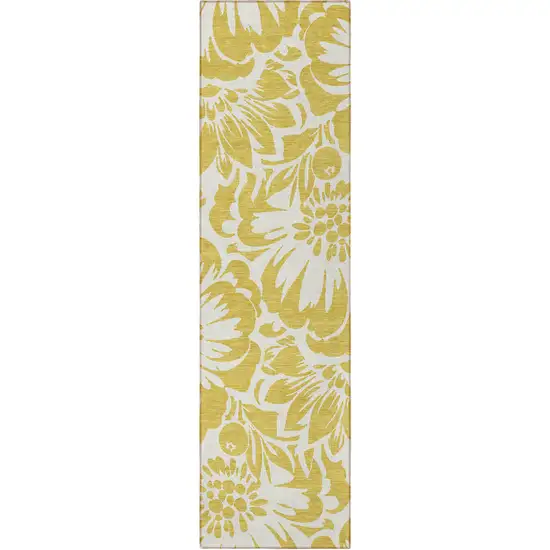 Gold and White Floral Washable Non Skid Indoor Outdoor Runner Rug Photo 4