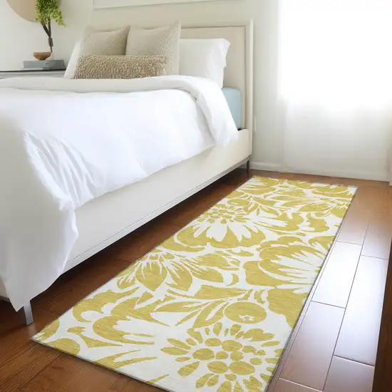 Gold and White Floral Washable Non Skid Indoor Outdoor Runner Rug Photo 9