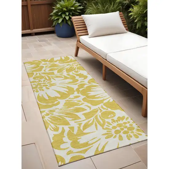 8' Runner Gold and White Floral Washable Non Skid Indoor Outdoor Runner Rug Photo 1