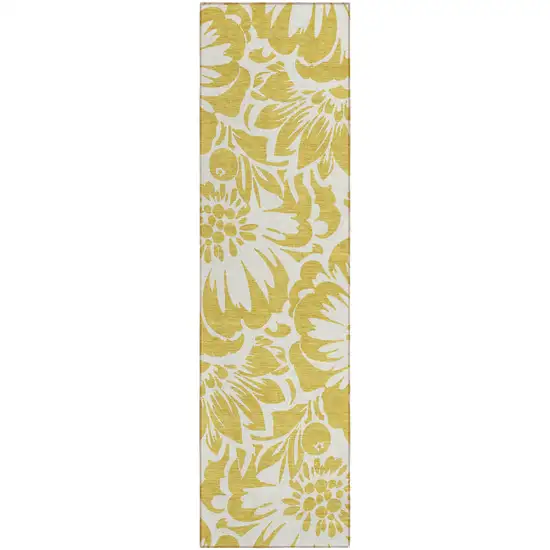 Gold and White Floral Washable Non Skid Indoor Outdoor Runner Rug Photo 2