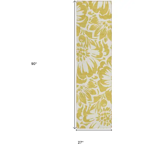 Gold and White Floral Washable Non Skid Indoor Outdoor Runner Rug Photo 3