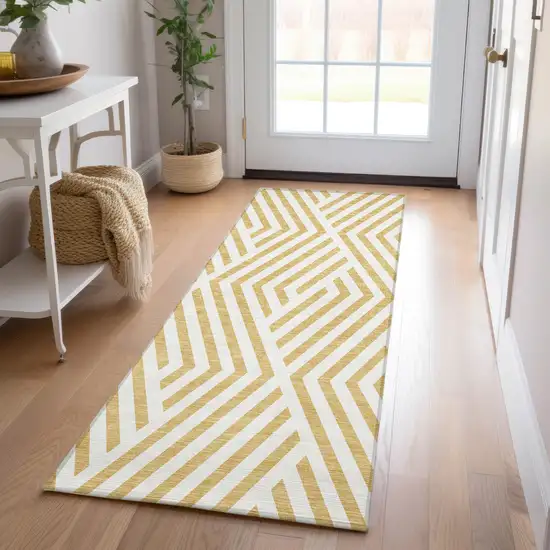 Gold and White Geometric Washable Non Skid Indoor Outdoor Runner Rug Photo 9