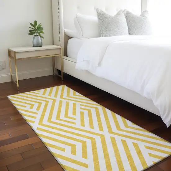 Gold and White Geometric Washable Non Skid Indoor Outdoor Runner Rug Photo 9